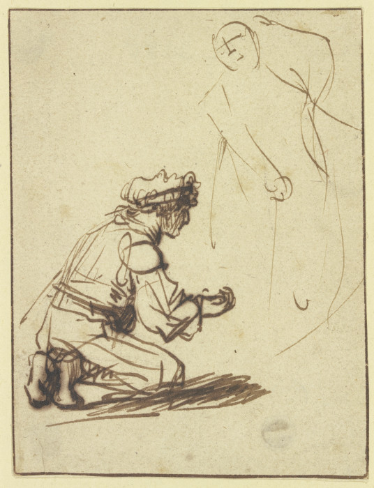 Vor einer nur angedeuteten Gestalt kniender Mann à Rembrandt Harmenszoon van Rijn