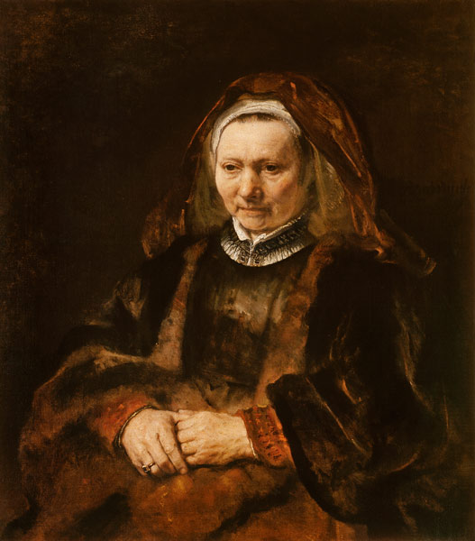 portrait d'une femme âgée avec les mains jointes à Rembrandt (atelier)
