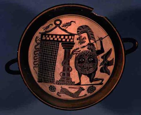 Laconian black-figure cup depicting a warrior attacking a snake, 6th century BC (pottery) à Rider Painter
