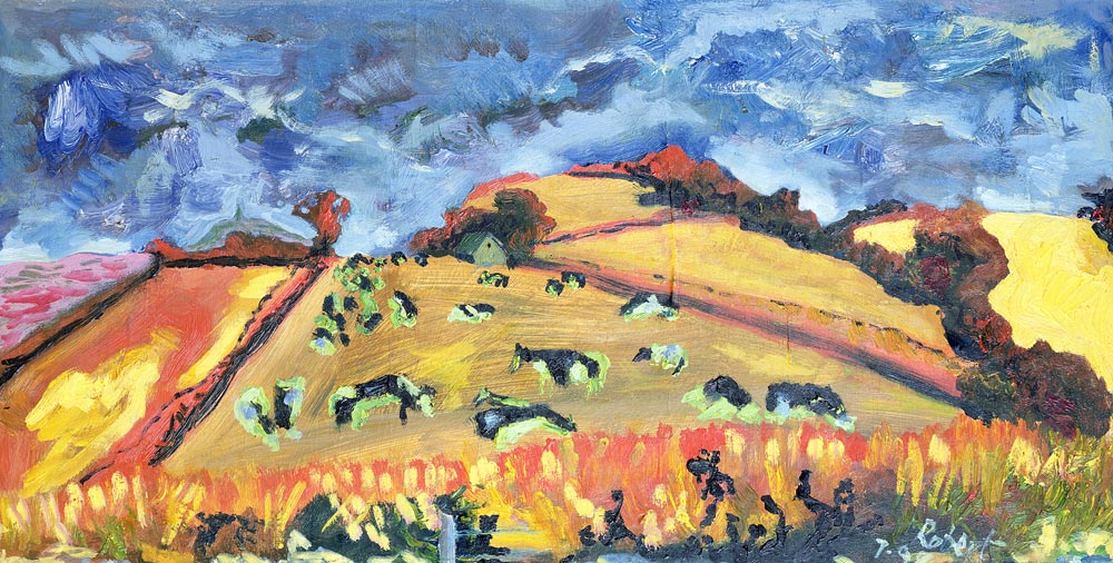 Sun, Fields, Cows: Somerset, 1998 (oil on board)  à Robert  Hobhouse