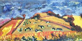 Sun, Fields, Cows: Somerset, 1998 (oil on board) 