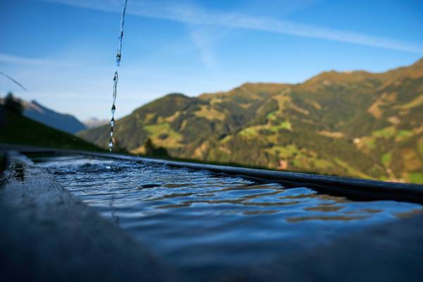 Holzbrunnen auf der Alm mit frischem sprudelndem Quellwasser, Aufnahmen aus dem Bregenzerwald. à Robert Kalb