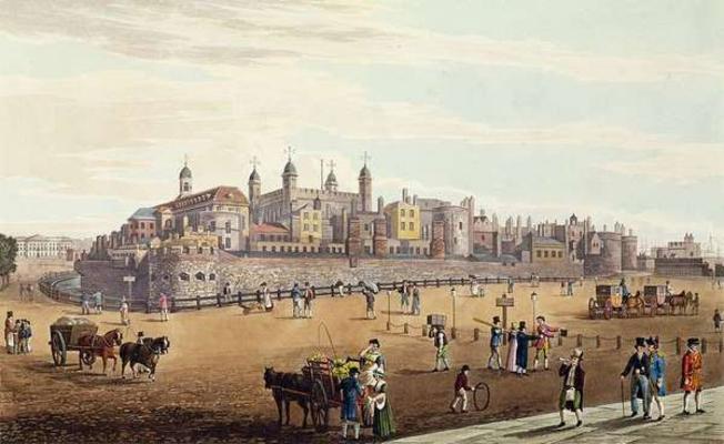 View of the Tower of London and the Mint, pub. by Colnaghi & Co, 1821 (coloured aquaint) à Robert l'Ancien Havell