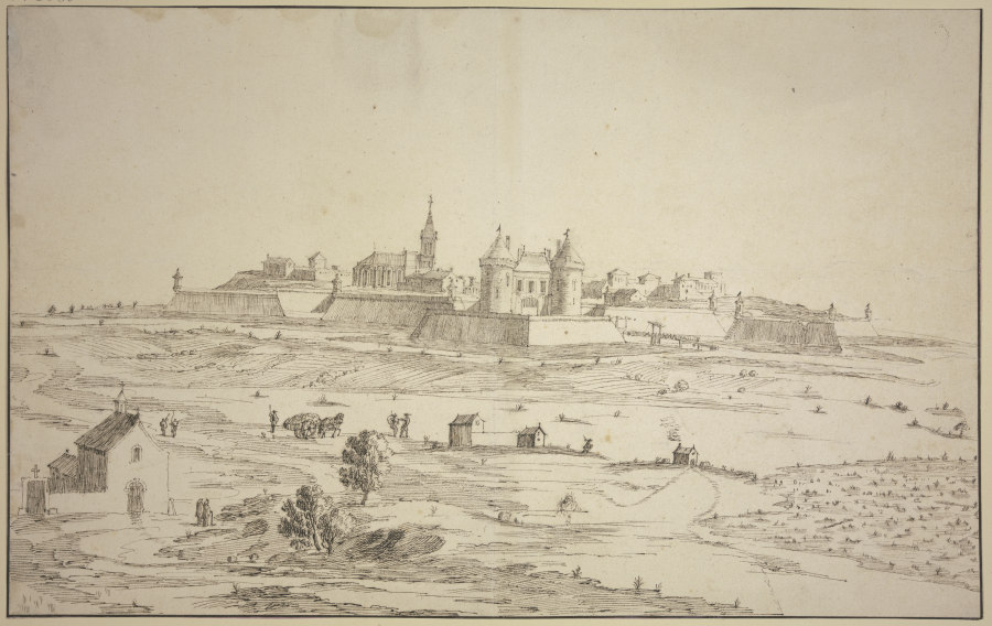 Ansicht einer befestigten Stadt, links vorne eine Kapelle à Robert van den Hoecke
