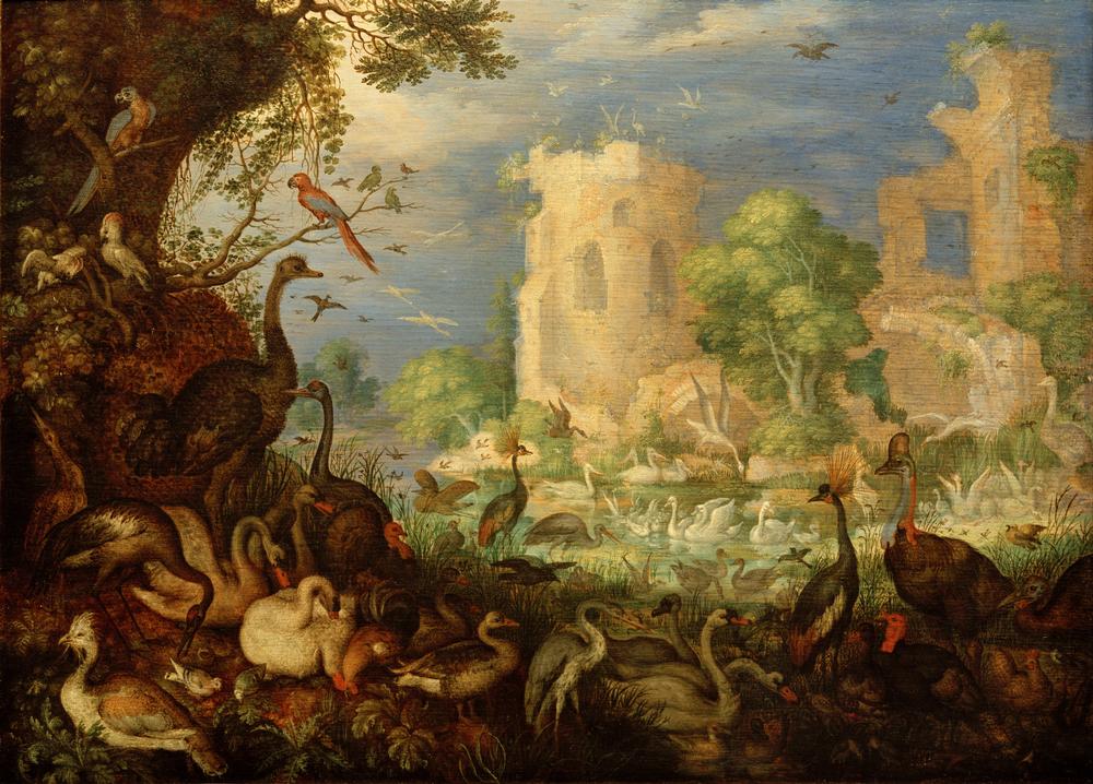 Exotische Vögel in einer Landschaft mit Teich und Ruinen mit der Entführung des Ganymed à Roelant Jakobsz Savery