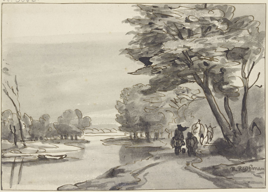 Fluss mit waldigem Ufer, rechts ein Wagen und Reiter à Roelant Roghman