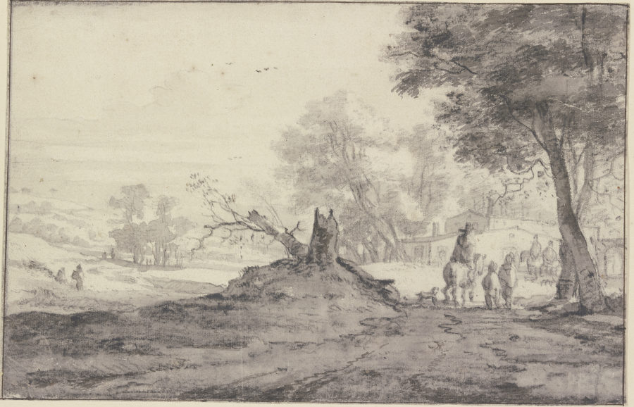 Landschaft mit Bäumen und Häusern, in der Mitte die Reste eines abgehauenen Baumes, Reiter und Fußgä à Roelant Roghman