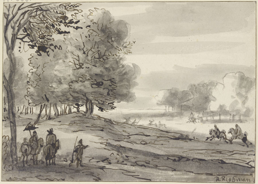 Landschaft mit einer Parforcejagd, links eine Dame zu Pferde mit einem Sonnenschirm à Roelant Roghman