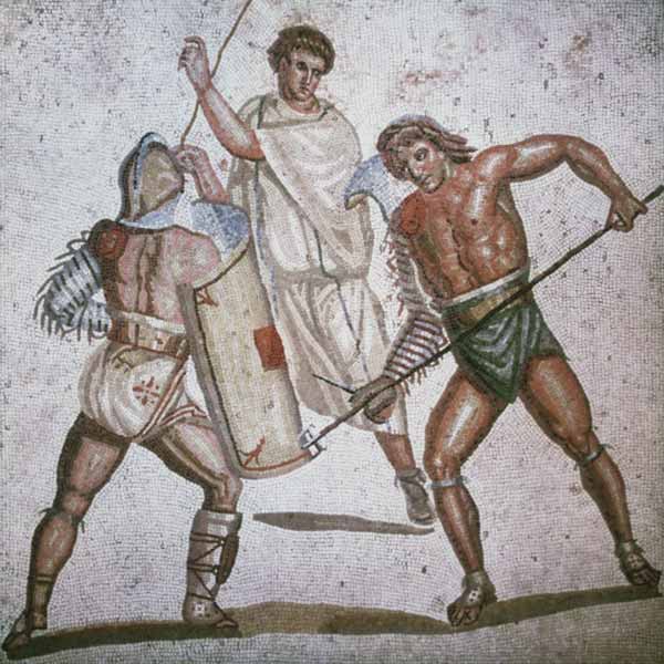 Deux gladiateurs combattant et un arbitre, mosaïque à römisch Mosaik