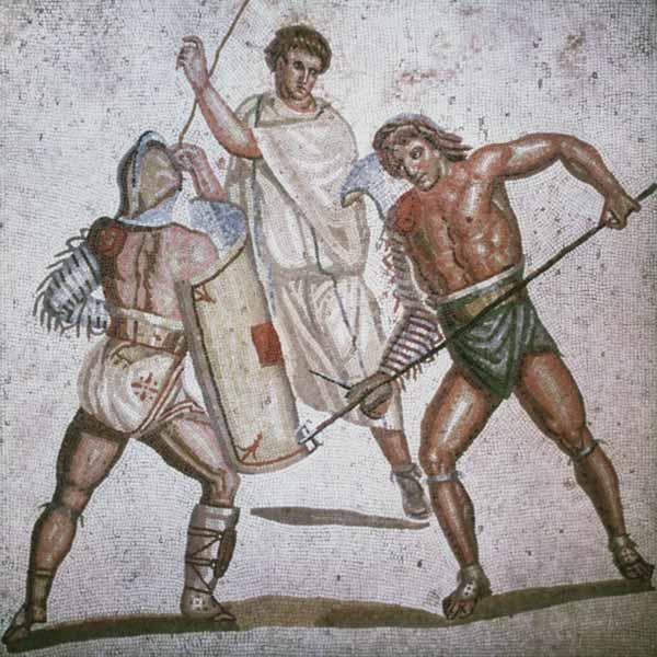 Deux gladiateurs combattant et un arbitre, mosaïque