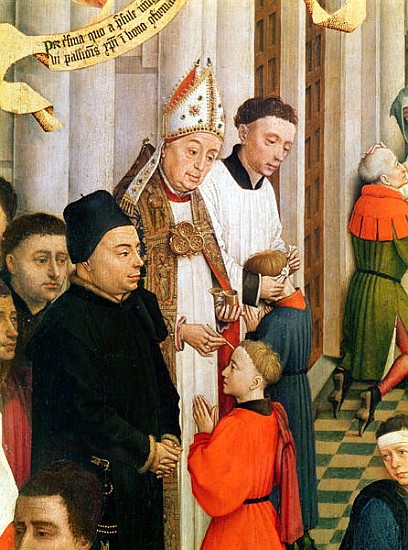 The Seven Sacraments Altarpiece, detail of Jean Chevrot (1400-60) Bishop of Tournai confirming a boy à Rogier van der Weyden