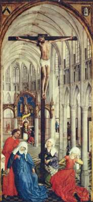 les sept sacrements, pièce centrale - crucifixion dans une église à Rogier van der Weyden