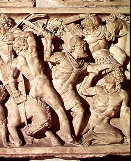 Detail of a sarcophagus depicting a battle between Romans and Galatians à Romain