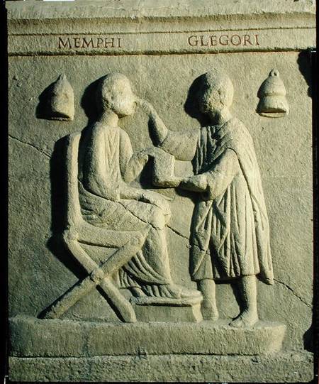 Relief depicting an oculist examining a patient à Romain