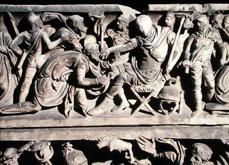 Relief from a sarcophagus depicting the submission of a barbarian to a Roman general à Romain