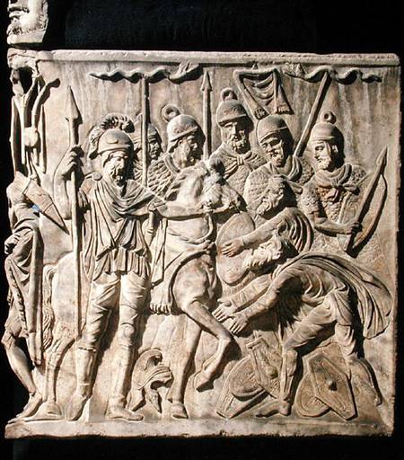 Relief from a sarcophagus depicting the submission of a barbarian to a Roman troop à Romain