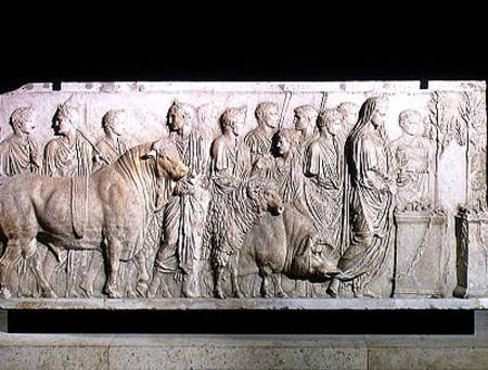 Sacrifice of a bull, a ram and a pig in honour of the God mars, frieze from the Altar of Domitius Ah à Romain