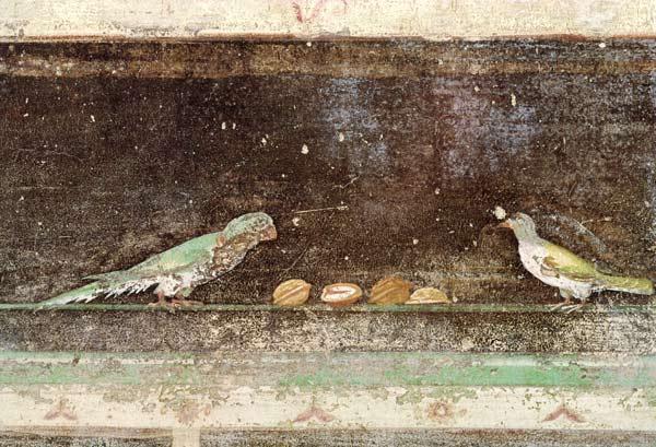 Birds eating nuts, detail from a tablinium decorated with Egyptian-style paintings