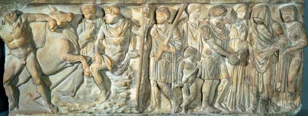 Sarcophagus depicting Jason and the fire breathing bull at Colchis à Romain