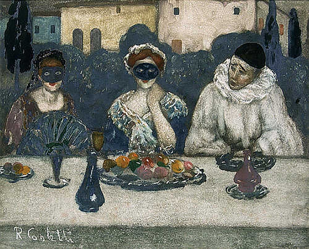 Two masked ladies and a Pierrot at a table à Romeo Costetti