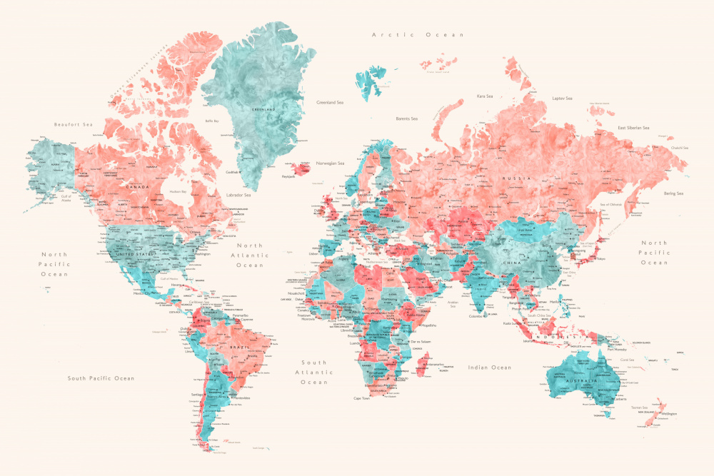 Carte du monde aquarelle avec villes à Rosana Laiz Blursbyai