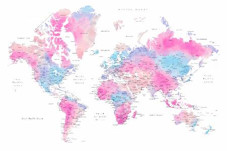 Watercolor world map with cities, Keahi
