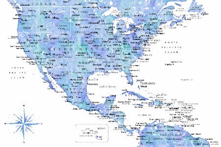 Blue map of USA and the Caribbean sea