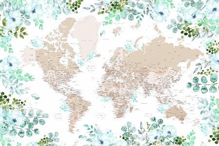 Detailed floral world map with cities, Leanne