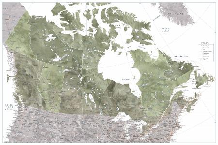 Detailed map of Canada in green watercolor