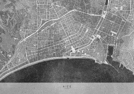 Gray vintage map of Nice downtown France
