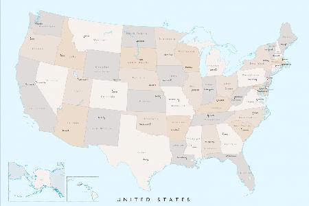 Isolated map of the United States with States and State capitals