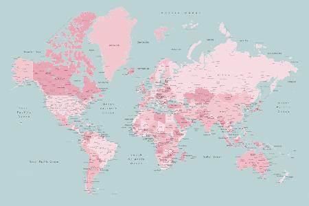 Pink and aqua world map with cities, Isobel