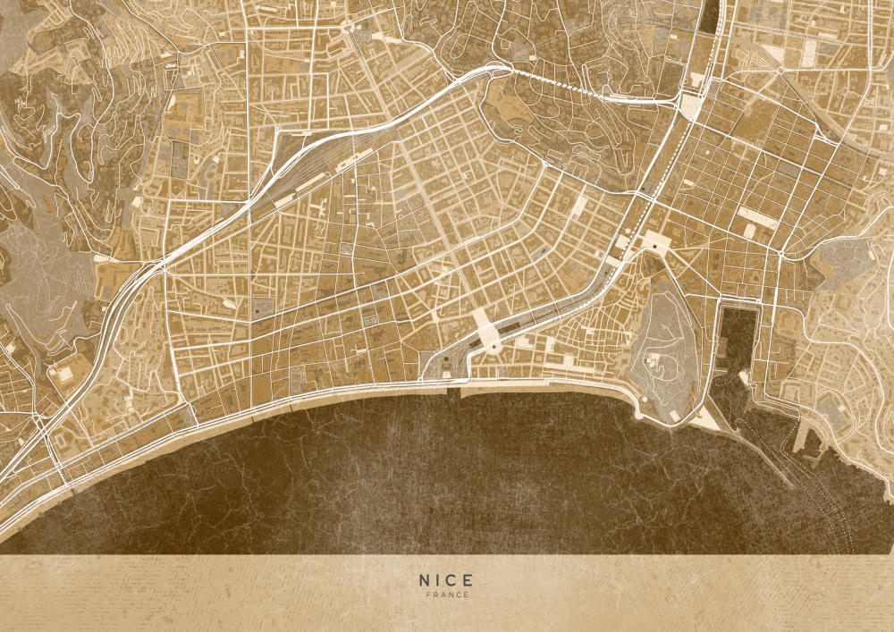 Sepia vintage map of Nice downtown France à Rosana Laiz Blursbyai