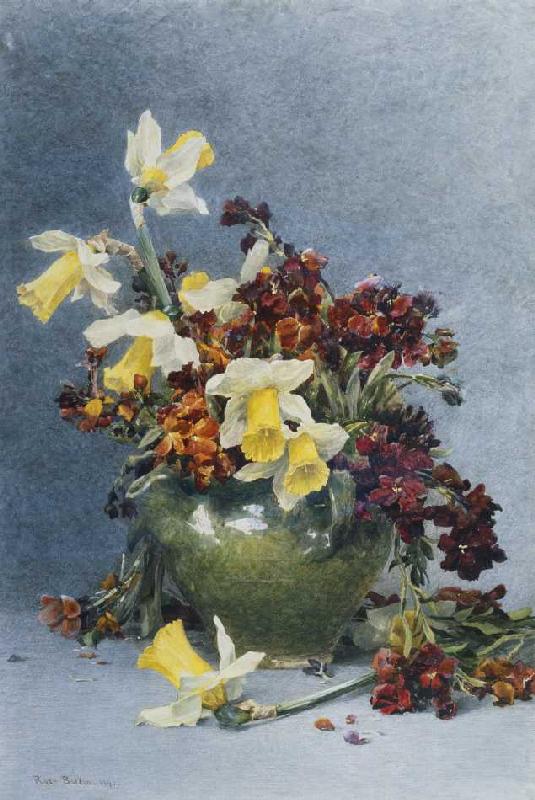 Osterglocken und Mauerblümchen in einer grünen Vase à Rose Maynard Barton