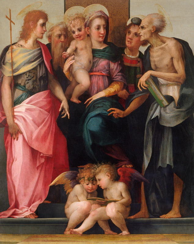 Marie trônant avec l'enfant et les Saints Jean le Baptiste, Antoine Abbas, Stéphane et Jérôme à Rosso Fiorentino