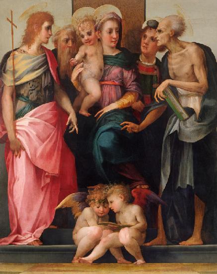 Marie trônant avec l'enfant et les Saints Jean le Baptiste, Antoine Abbas, Stéphane et Jérôme