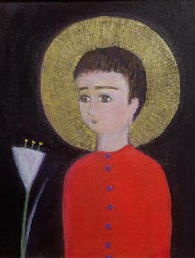 Boy with Lily, 2002 (acrylic and gold leaf on canvas) 