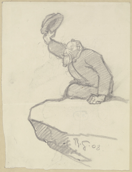 Alter Mann, von einem Felsvorsprung seinen Hut zum Gruße hebend à Rudolf Gudden