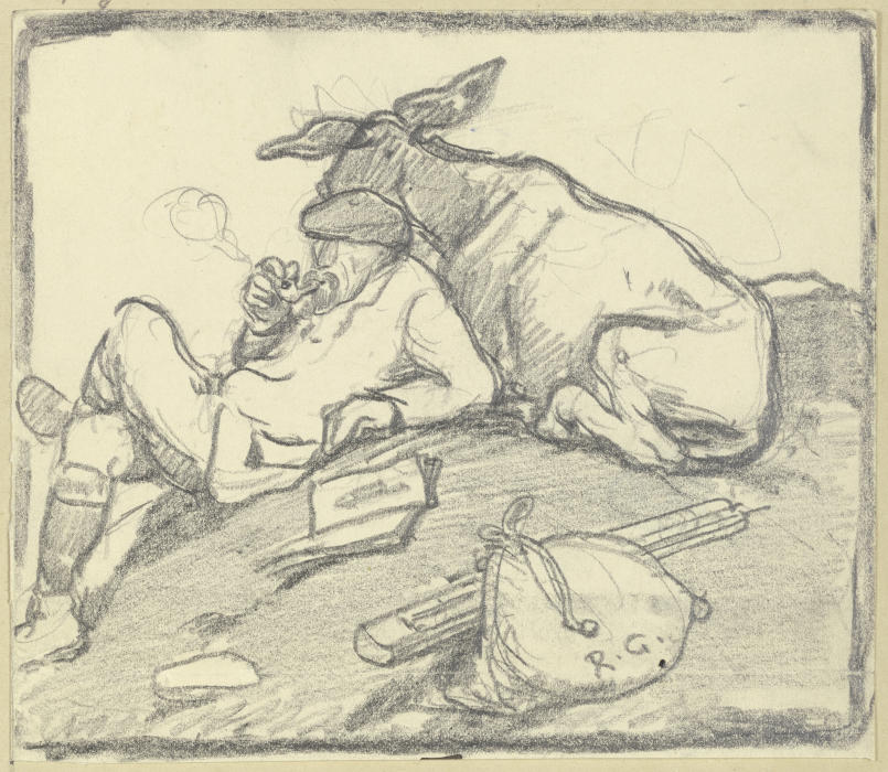 Ein Pfeife rauchender Mann auf einem Hügel rastend, angelehnt an einen Esel à Rudolf Gudden