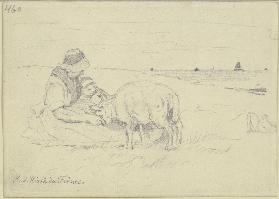Frau mit Kind und Schaf am Strand