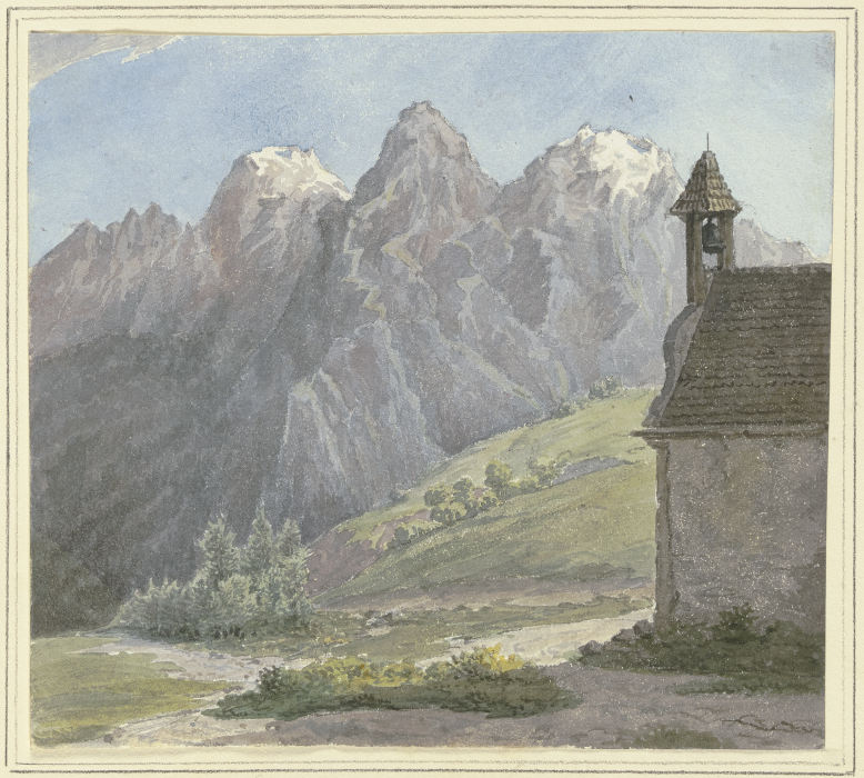 Berggipfel in den Alpen, vorne eine Kapelle à Rudolf Maria Bernhard von Stillfried-Alcantara