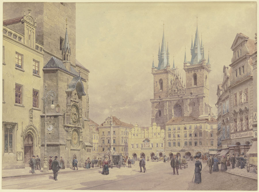 Blick auf die Teynkirche und die Mariensäule am Altstädter Ring zu Prag à Rudolf von Alt