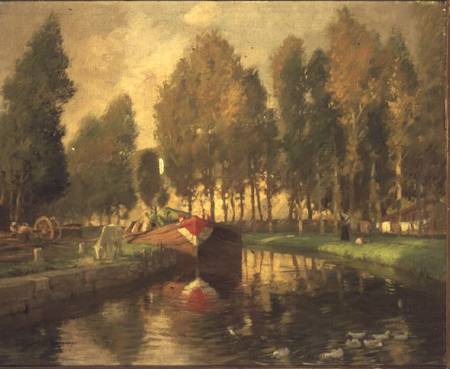 Barge on a River, Normandy à Rupert Charles Wolston Bunny