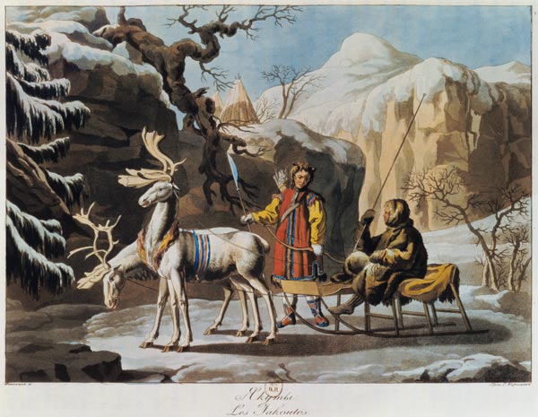 Yakuts of central Siberia in winter landscape, clad in furs and with a reindeer sledge à École russe