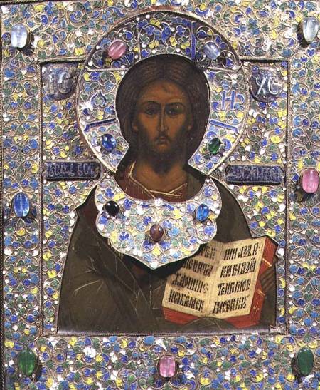Christ Pantocrator, icon  panel with gilt and cloisonne enamel frame) à École russe