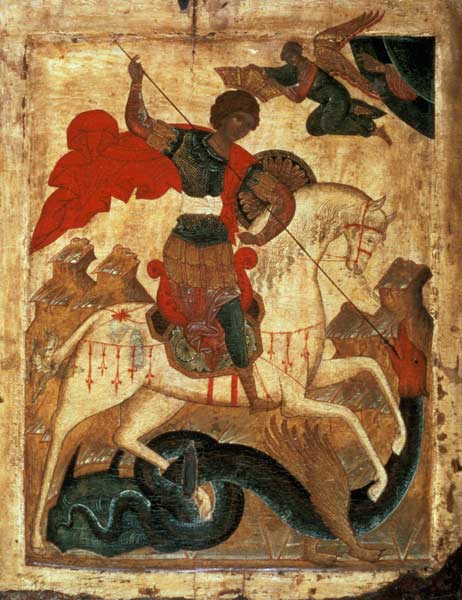 St. George and the Dragon (tempera on fabric, gesso, and à École russe