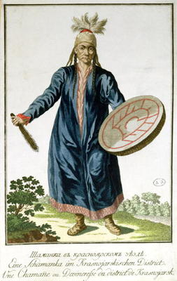 A Shaman from Krasnoiarsk, 18th century (coloured engraving) à École Russe, (18ème siècle)
