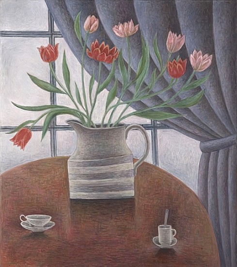 Tulips, Curtain, Cups, 2002 (oil on canvas)  à Ruth  Addinall