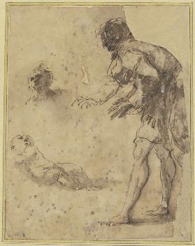 A man looks down at an infant lying on the ground; above there is a head study