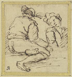 Two figures: on the left a seated man seen from the rear, on the right a half-length figure